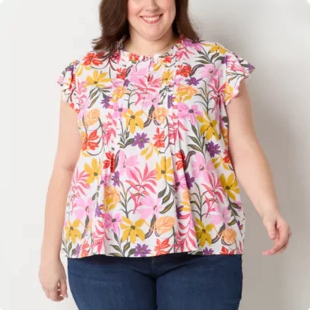 St. John's Bay Womens Crew Neck Short Sleeve Blouse XXL NWT Multi Tropical
